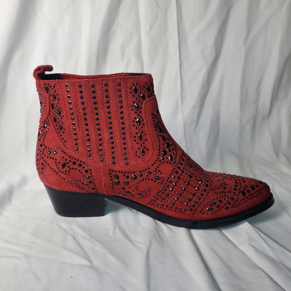 Bibi Lou Red Suede Rhinestone Western Ankle Boots in EU Size 38, US 7.5. - Picture 12 of 13